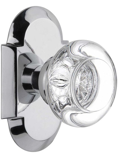 Arched Rosette Door Set with Round Clear-Crystal Glass Knobs in Polished Chrome.